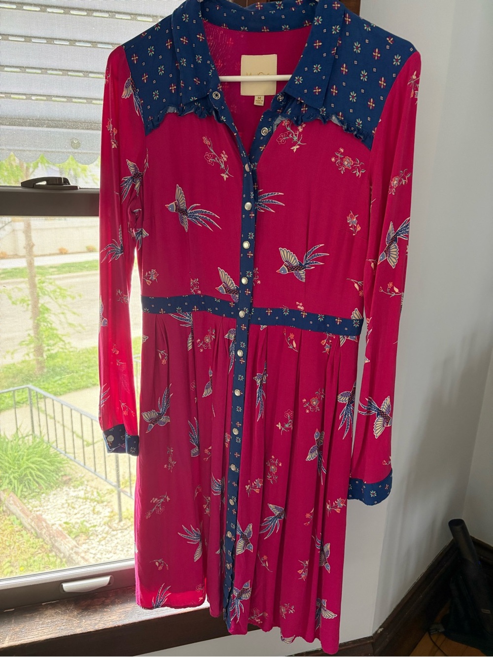 ModCloth Western Magenta Dress with Birds and Blue Floral Trim